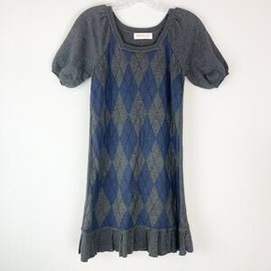 Laurie B‎ Sweater Mini Dress Small Argyle Dark Academia Puff Sleeve Preppy Twee